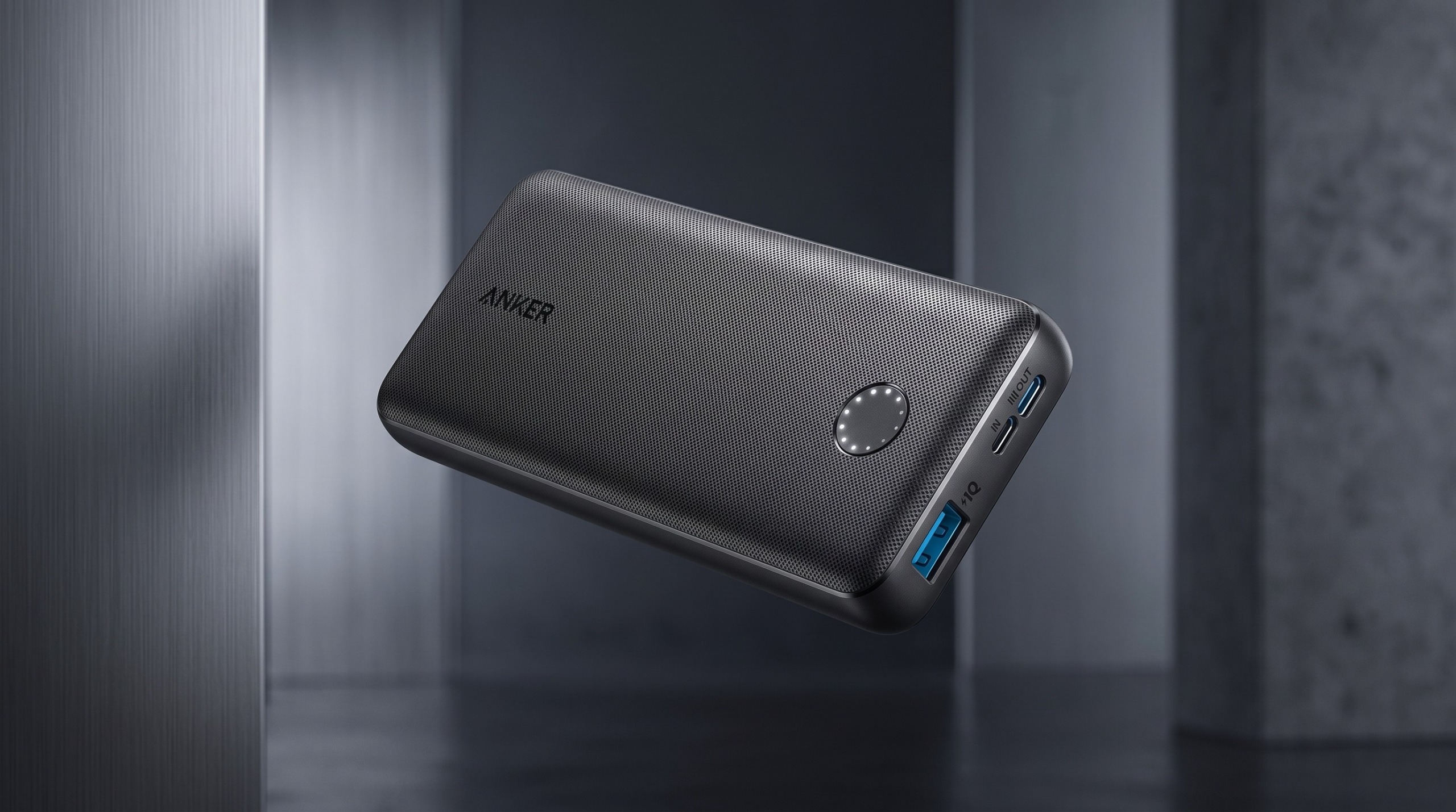 The Anker PowerCore 10000 floating in a metal room