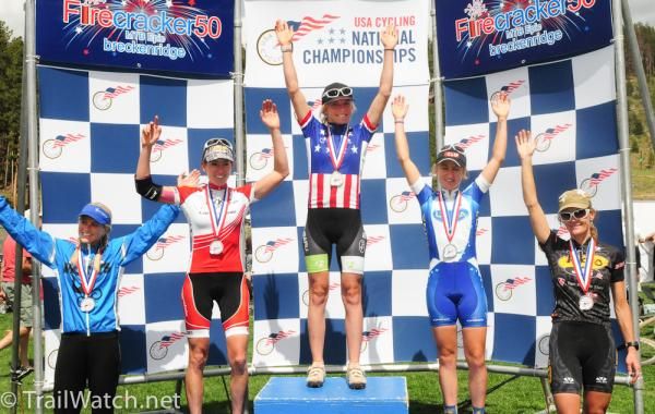 The women's podium (l-r): Kelly Boniface (Moots), Krista Park (Incycle), Heather Irmiger (Subaru-Trek), Amy Dombroski (Luna Pro Team), Gretchen Reeves (Tokyo Joe's).