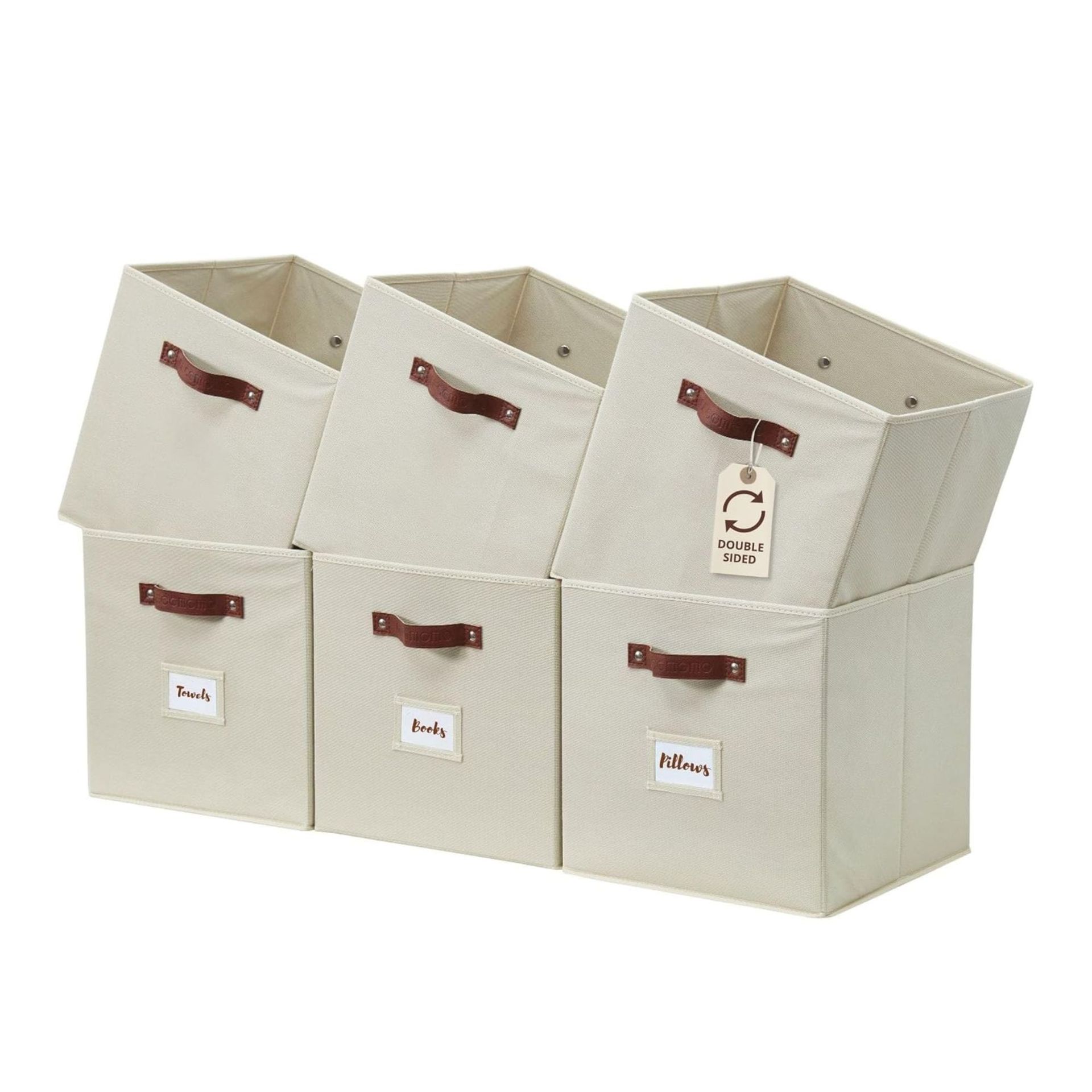Six cream-colored storage boxes with brown handles