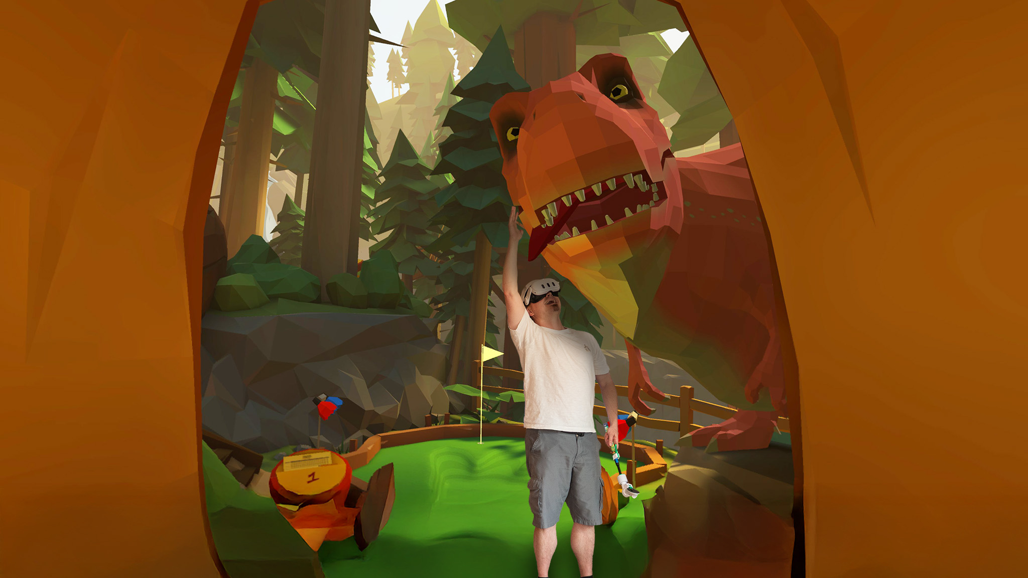 Petting a friendly T-Rex while wearing a Meta Quest 3 in the Raptor Cliff&#039;s course for Walkabout Mini Golf