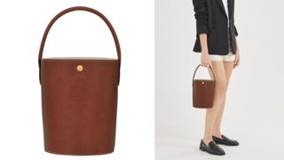 Longchamp brown leather bucket bag