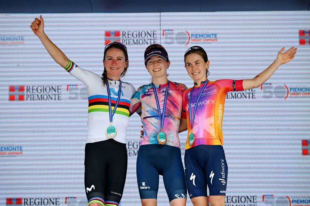 CERES ITALY JULY 04 LR Annemiek Van Vleuten of The Netherlands and Movistar Team on second place stage winner Antonia Niedermaier of Germany and Team CanyonSRAM Racing and Niamh FisherBlack of New Zealand and Team SD Worx on third place pose on the podium ceremony after the 34th Giro dItalia Donne 2023 Stage 5 a 1056km stage from Salassa to Ceres UCIWWT on July 04 2023 in Ceres Italy Photo by Dario BelingheriGetty Images