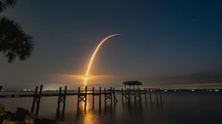 A SpaceX Falcon 9 rocket launching into space