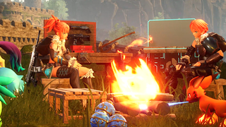 An image of two Palworld trainers seated by a campfire while their pal breaths a jet of flame onto the logs.
