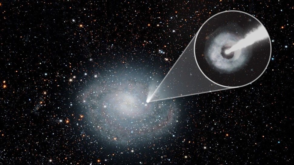 An illustration of a short gamma-ray burst traced back to its galaxy of origin. 