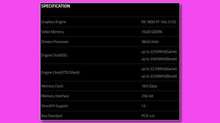De specs van de productpagina van de AMD Radeon RX 7800 XT