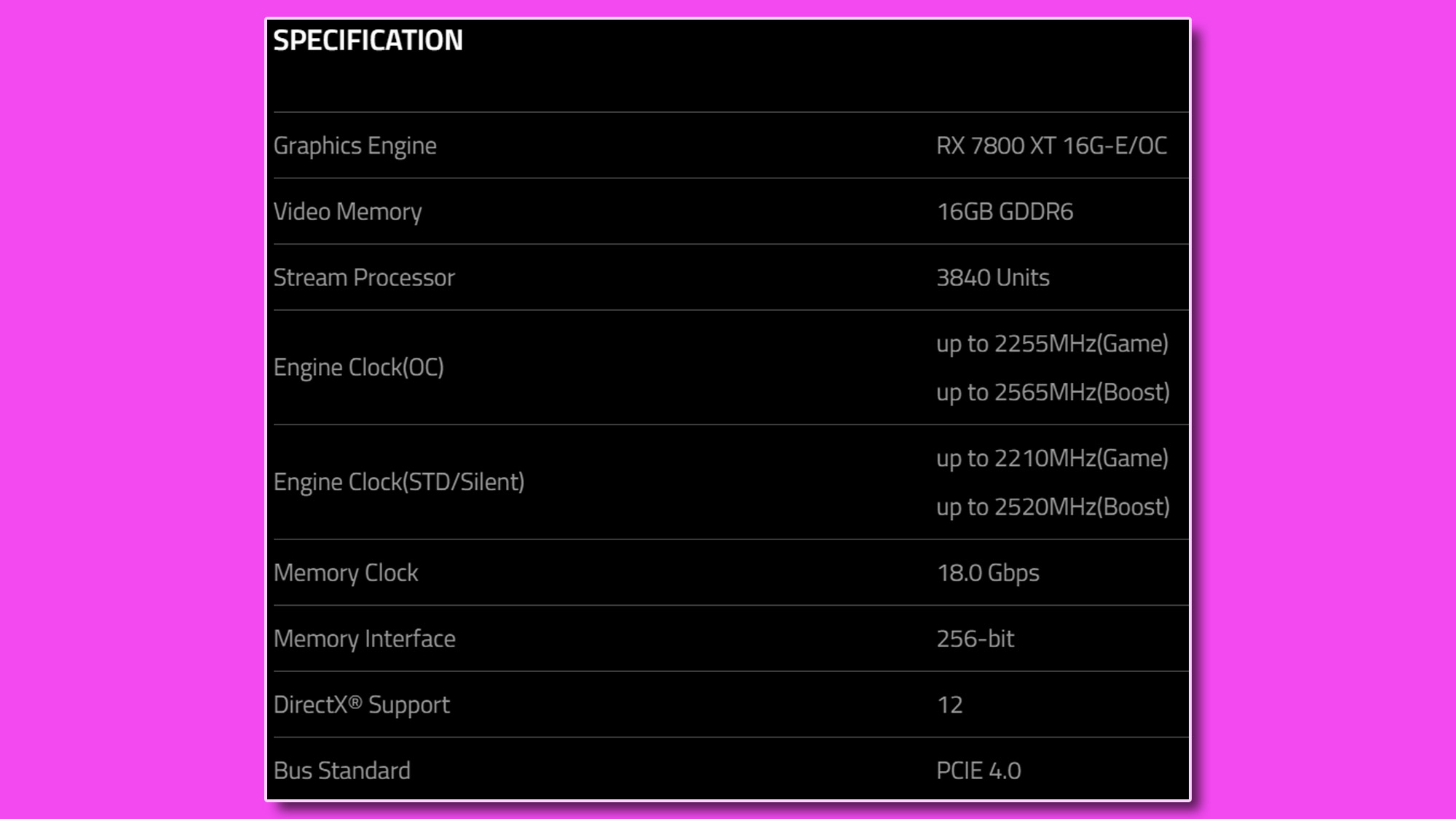 The product page specs listing for the AMD Radeon RX 7800 XT