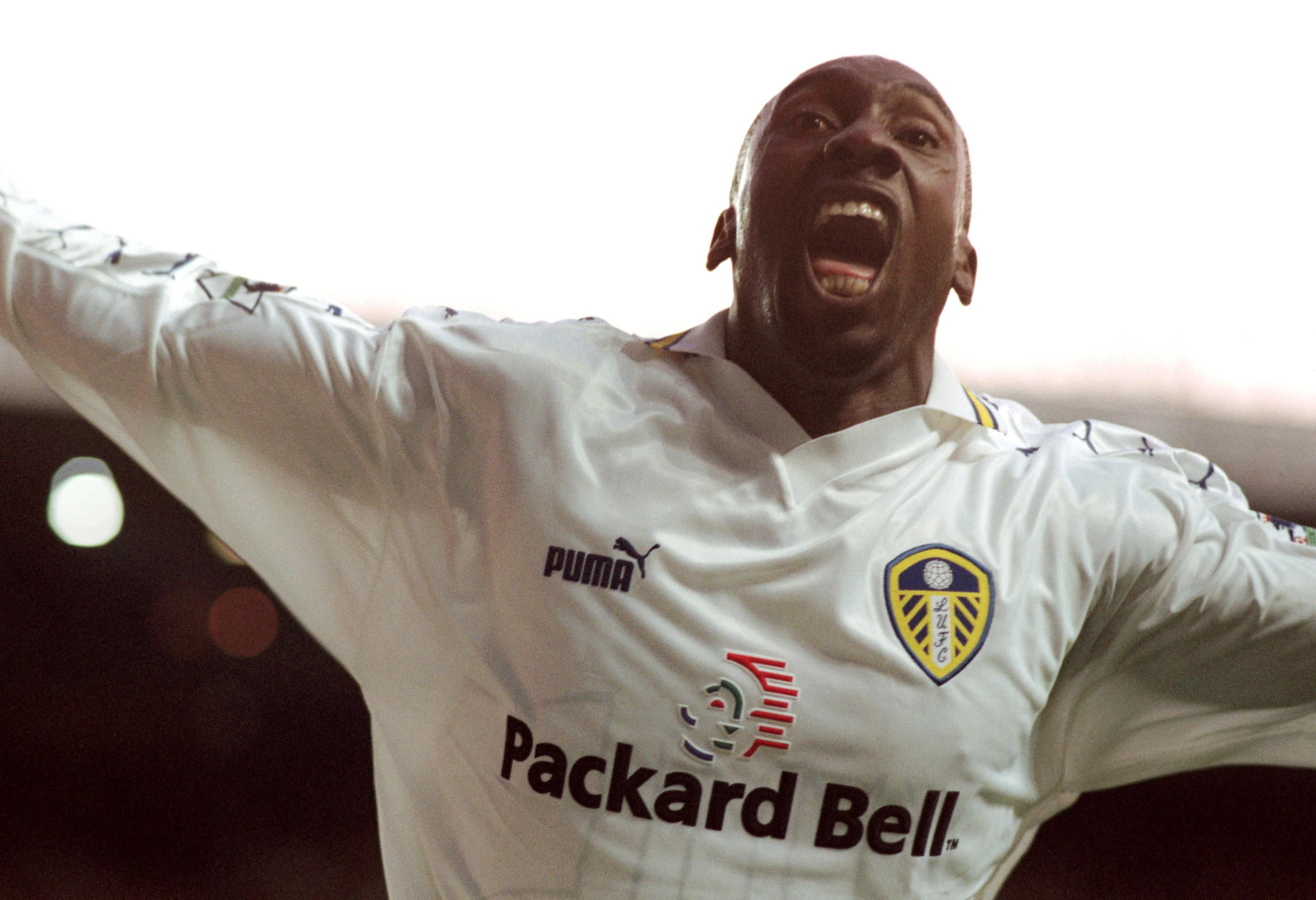 Jimmy Floyd Hasselbaink celebrates after scoring for Leeds United against Blackburn Rovers, 1998