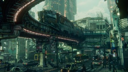 A sci-fi city scene rendered in 3D