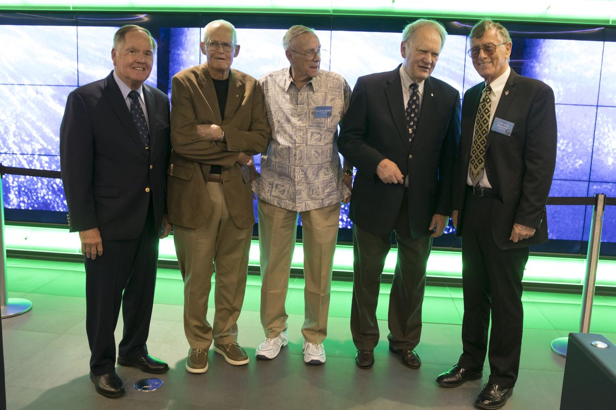 Five of the surviving Manned Orbiting Laboratory astronauts gather at the National Reconnaissance Office in June 2019 for a special event commemorating the 50th anniversary of the program&rsquo;s cancellation and recognizing their unique contributions. From left, retired Navy Capt. Robert "Bob" Crippen, retired Air Force Col. Albert "Al" Crews Jr., retired Air Force Col. Lachlan "Mac" Macleay, retired Air Force Col. Karol "Bo" Bobko and retired Air Force Lt. Gen. James "Jim" Abrahamson. Crippen and Bobko later commanded space shuttle missions as NASA astronauts while Abrahamson became director of President Ronald Reagan&rsquo;s Strategic Defense Initiative (also known as "Star Wars").
