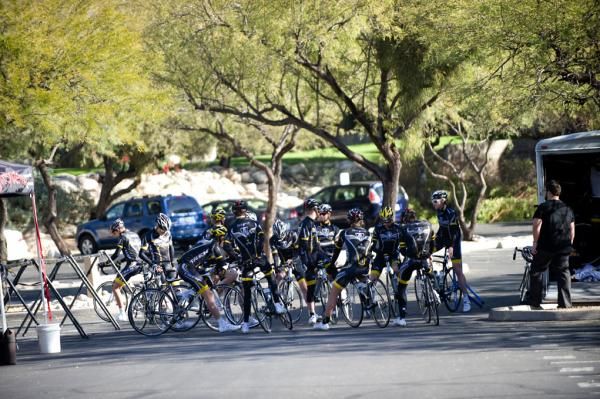 Riders gather at the resort in Tucson, Arizona for a morning start.