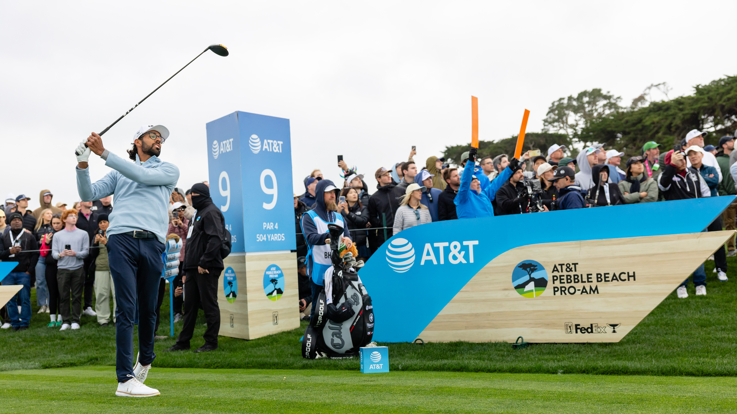 Akshay Bhatia tees off of the ninth hole during the third round of the 2026 AT&amp;T Pebble Beach Pro-Am
