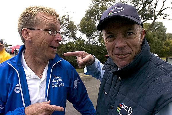 Crazy commissaires: Commissaire Greg Griffiths (right) and event official Greg Nunn play the fool prior to the start in Anglesea.