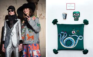 Left, a woman wearing sunglasses and a silver suit standing next to a woman wearing a patched denim jacket and a black hat. Right, a green tasseled cushion with a three headed serpent and a flower on it.
