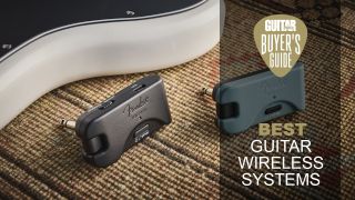 A Fender Telepath guitar wireless system on a carpet next to a guitar