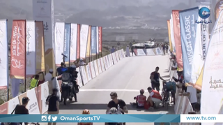 Barriers were blown across the road by a TV helicopter at the finish of stage 3 of the 2023 Tour of Oman