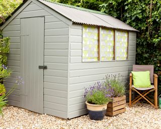 Painted shed ideas in pale gray, in a gravel garden space with potted lavender and a fabric chair.