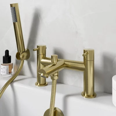 Aveli Brushed Brass Shower Mixer Tap With Handset Round Twin Handle Bathroom