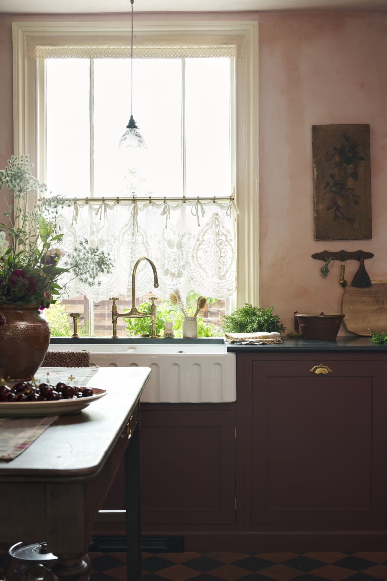 Burgundy-colour Shaker-style kitchen
