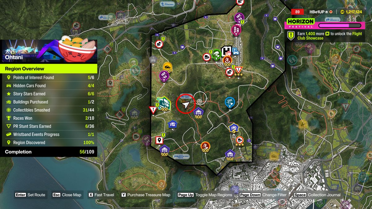 Forza Horizon 6 Ohtani Treasure Hunt: A showing the location of the Ohtani region Treasure Hunt chest near Kinkaku-Ji Temple.