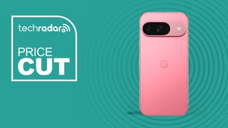 The Google Pixel 9 in front of a cyan background. Text reads: Price cut