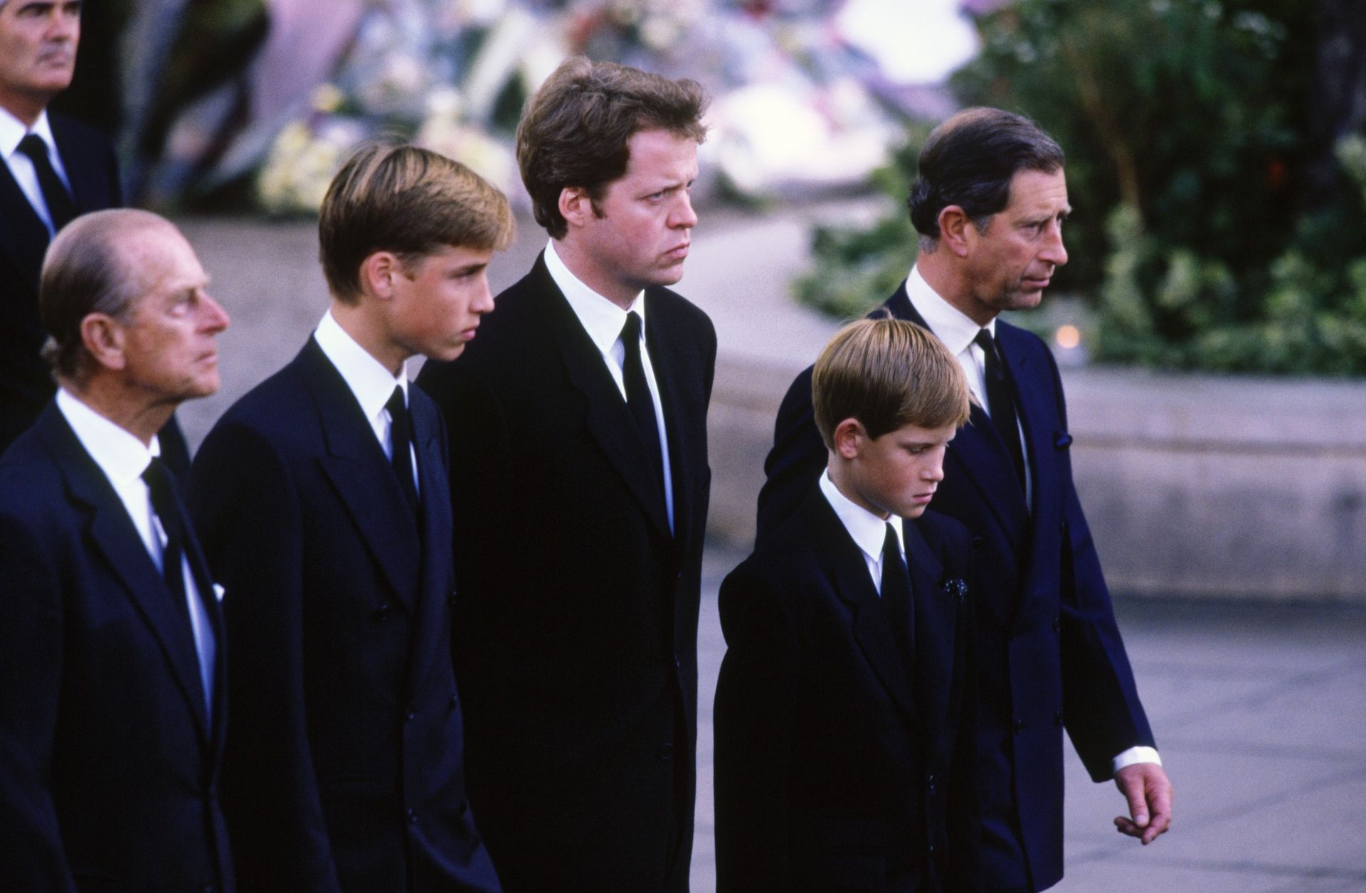 Prince Philip, Prince William, Charles Spencer, Prince Harry and Prince Charles walking behind Princess Diana's coffin
