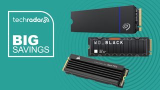 PS5 SSDs on a blue background with big savings in white text