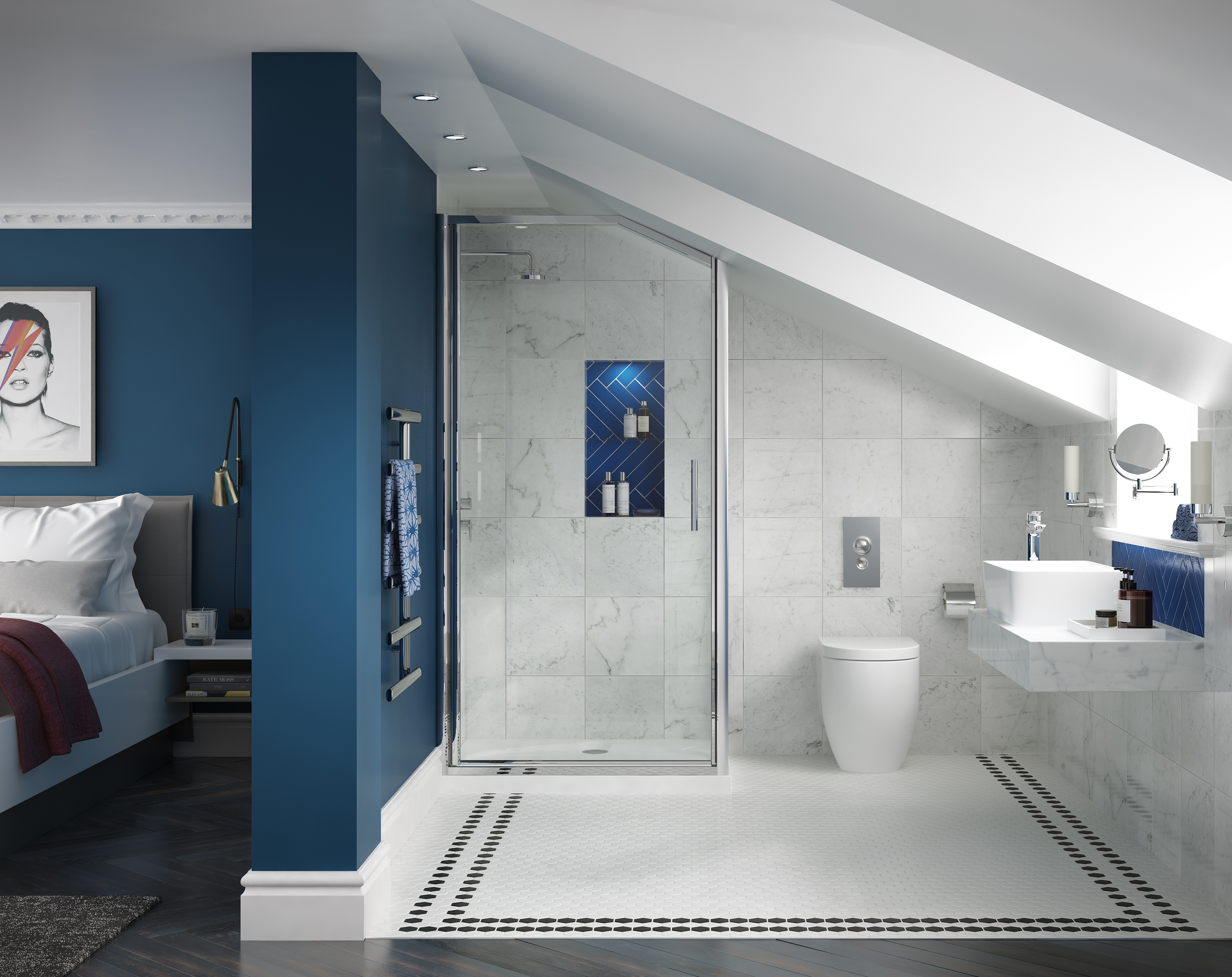 Optima white bespoke shower in a blue loft en suite by Coram Showers