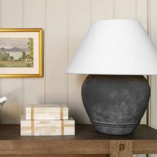 Dark grey stone table lamp with white lampshade