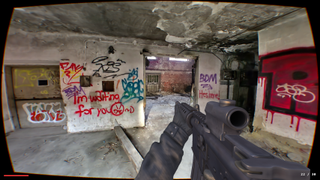 Screenshots of a small FPS project using 'gaussian splatting' to render its photorealistic environment.