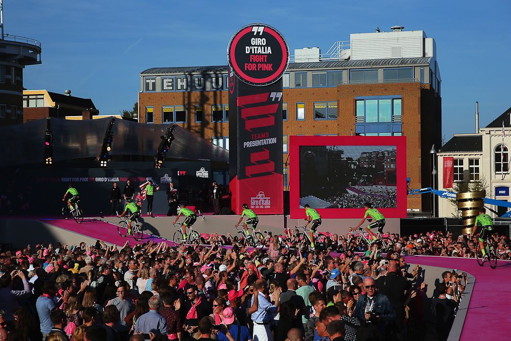 Cannondale take the stage at the Giro team presentation.