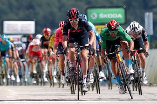 SAINTVALLIER FRANCE JUNE 03 Geraint Thomas of The United Kingdom and Team INEOS Grenadiers Sonny Colbrelli of Italy and Team Bahrain Victorious Green Points Jersey sprint at arrival during the 73rd Critrium du Dauphin 2021 Stage 5 a 1754km stage from SaintChamond to SaintVallier UCIworldtour Dauphin dauphine on June 03 2021 in SaintVallier France Photo by Bas CzerwinskiGetty Images