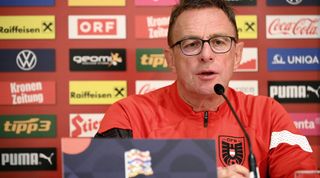 Austria head coach Ralf Rangnick addresses media during a press conference in a hotel in Courbevoie, near Paris on September 21, 2022, on the eve of the UEFA Nations League match opposing France and Austria.