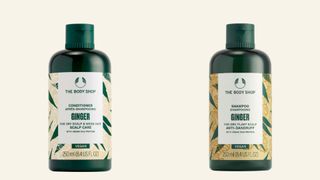 The Body Shop Ginger range vegan shampoo and conditioner bottles.