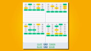 Quordle Daily Sequence answers for game 504 on a yellow background