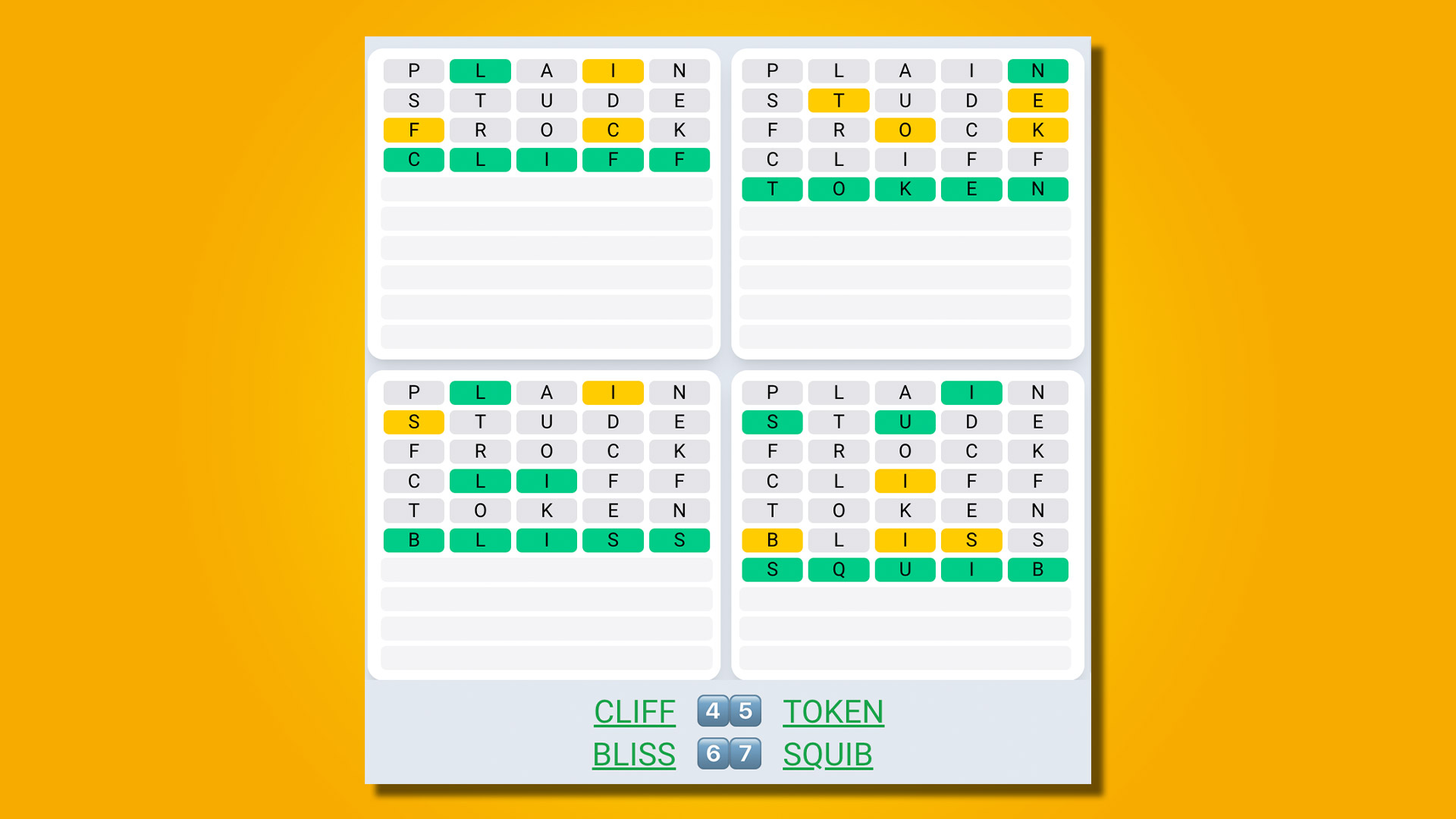 Quordle Daily Sequence answers for game 504 on a yellow background