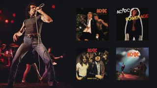 BON Scott onstage and (inset) the covers of Let There BeRock, Powerage, If You Want Blood You’ve Got It and Highway To Hell