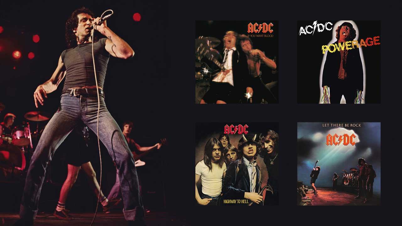 Bon Scott onstage and (inset) the covers of Let There Be Rock, Powerage, If You Want Blood You&rsquo;ve Got It and Highway To Hell