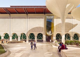 Blanton Museum of Art in Austin, Texas by Snohetta showing its outdoor areas, mushroom shaped capony and gardens