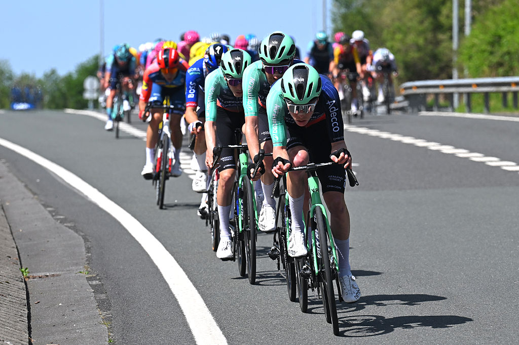 GALDAKAO, SPAIN - APRIL 09: Johannes Staune-Mittet of Norway and Team Decathlon CMA CGM leads the peloton during the 65th Itzulia Basque Country 2026, Stage 4 a 167.2km stage from Galdakao to Galdakao on / #UCIWT / April 09, 2026 in Galdakao, Spain. (Photo by Tim de Waele/Getty Images)
