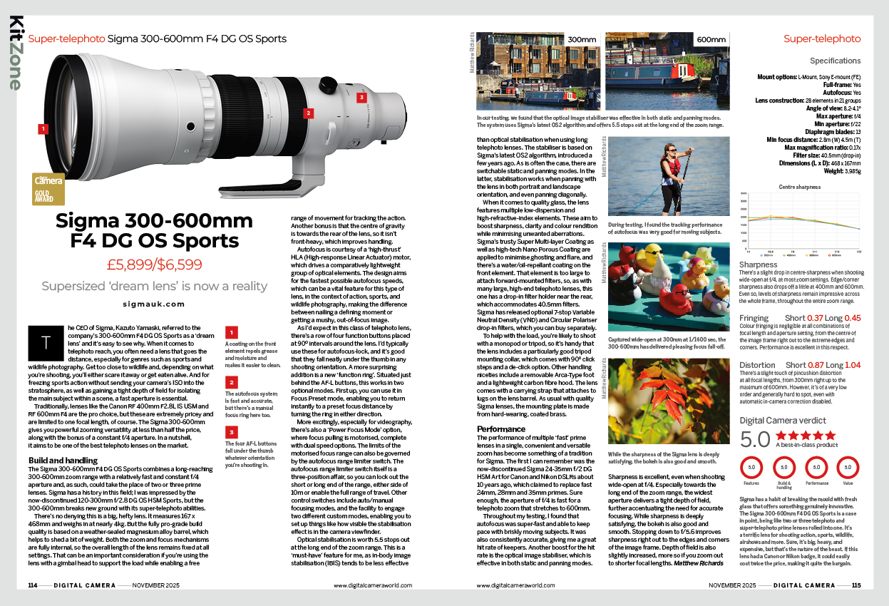 Image showing the Sigma 300-600mm F4 DG OS Sports lens review, in issue 300 (November 2025) of Digital Camera magazine