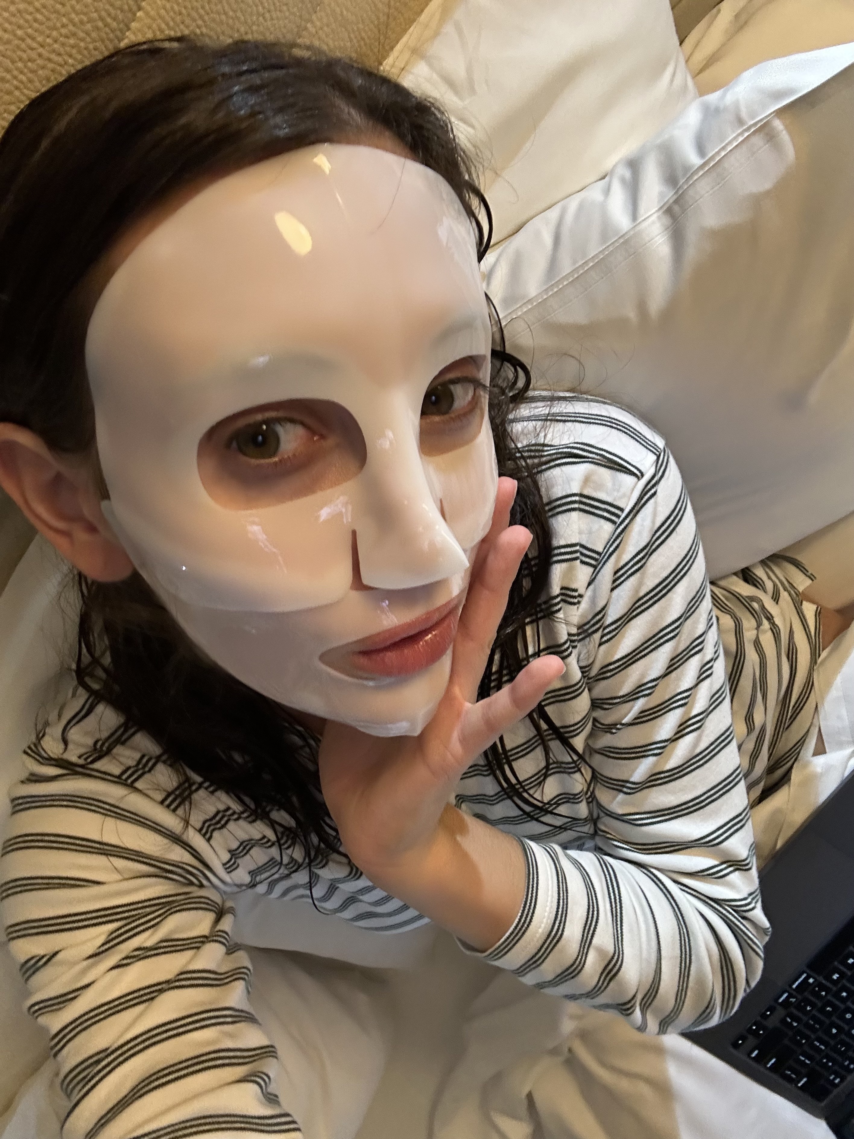 Alyssa Brascia wearing the Peach &amp;amp; Lily Glass Skin Ginseng Collagen Mask.