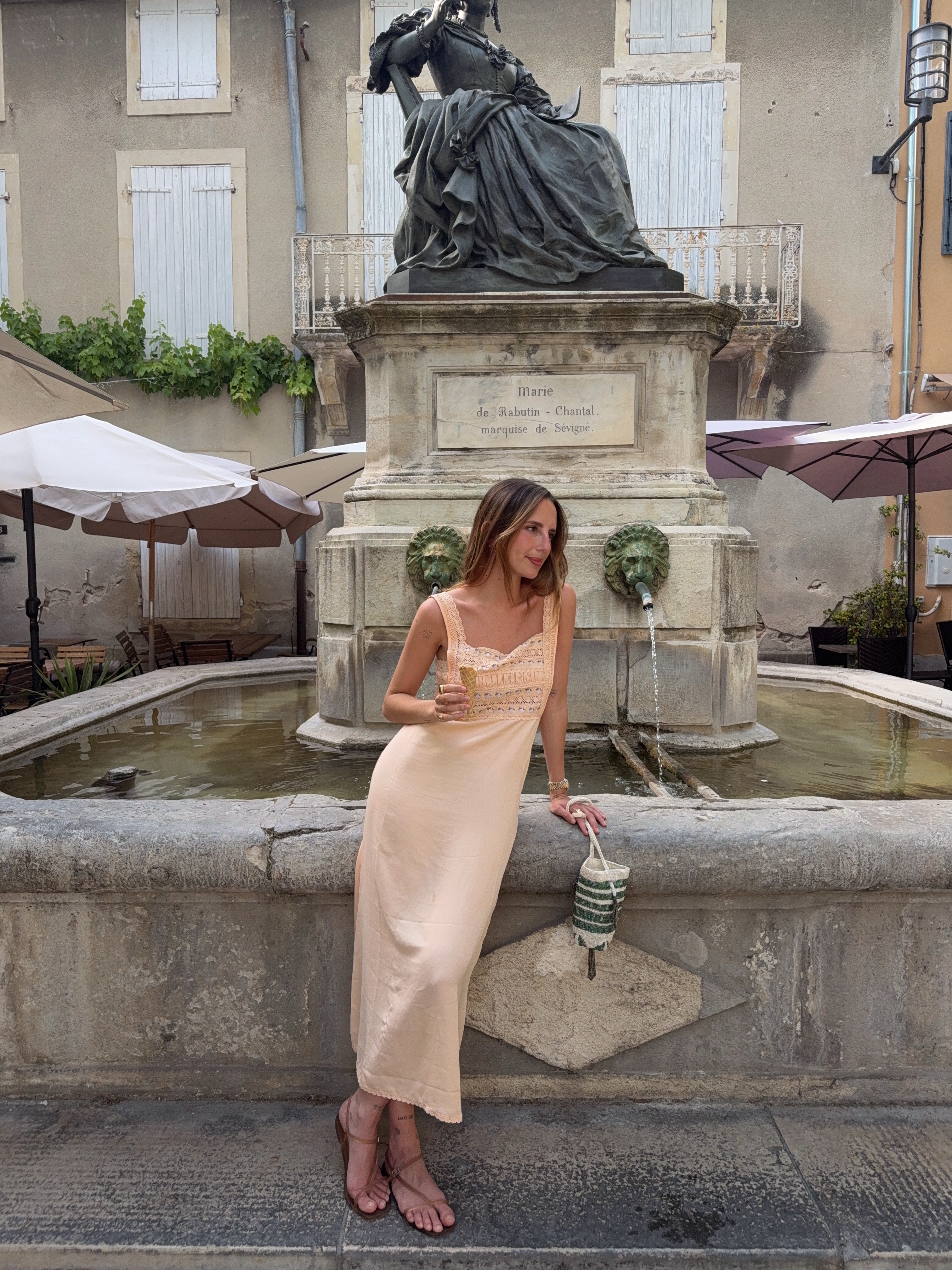 Clem in peach dress