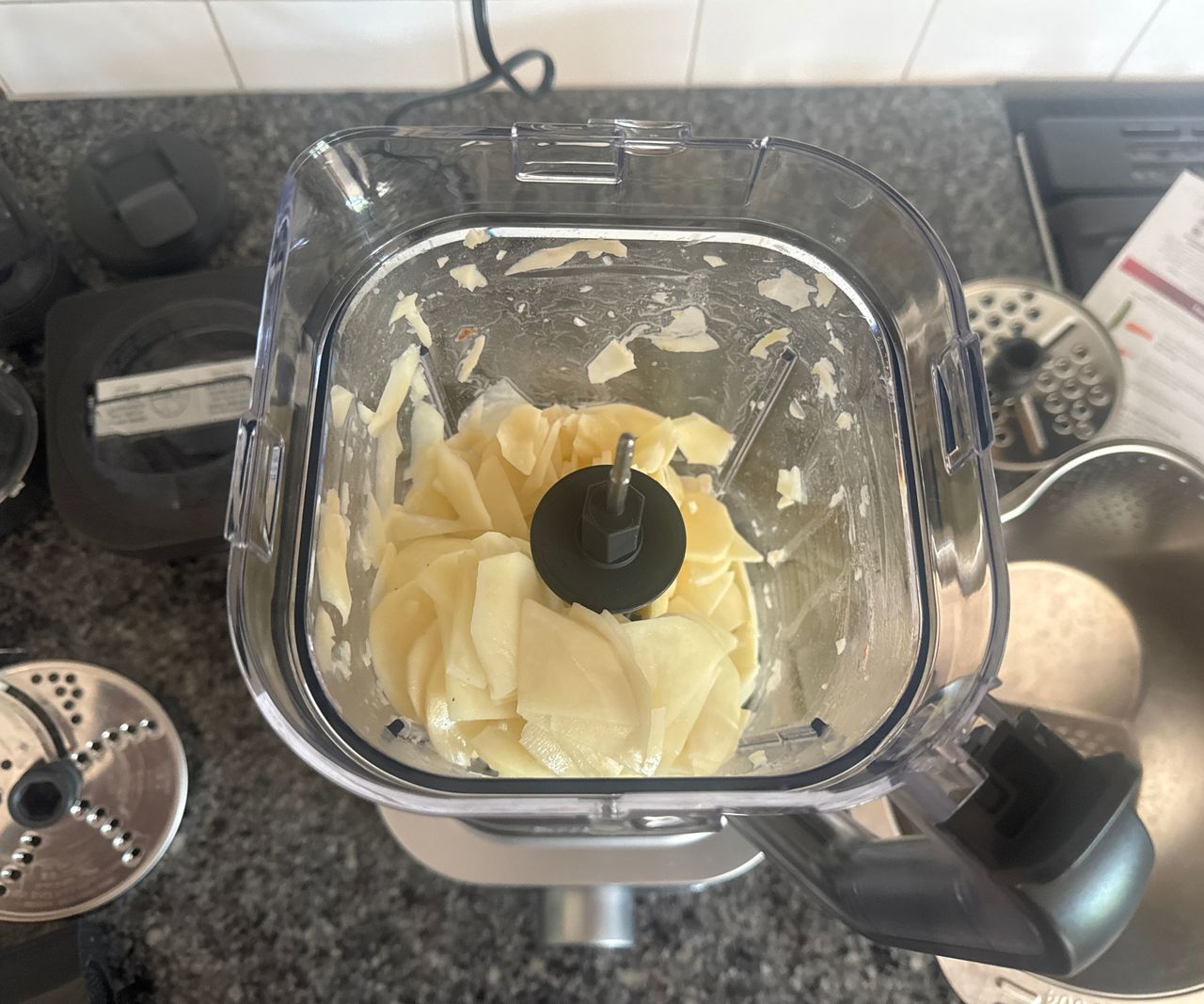 Sliced potato viewed from above in the pitcher of the Ninja Foodi Power Blender Ultimate System