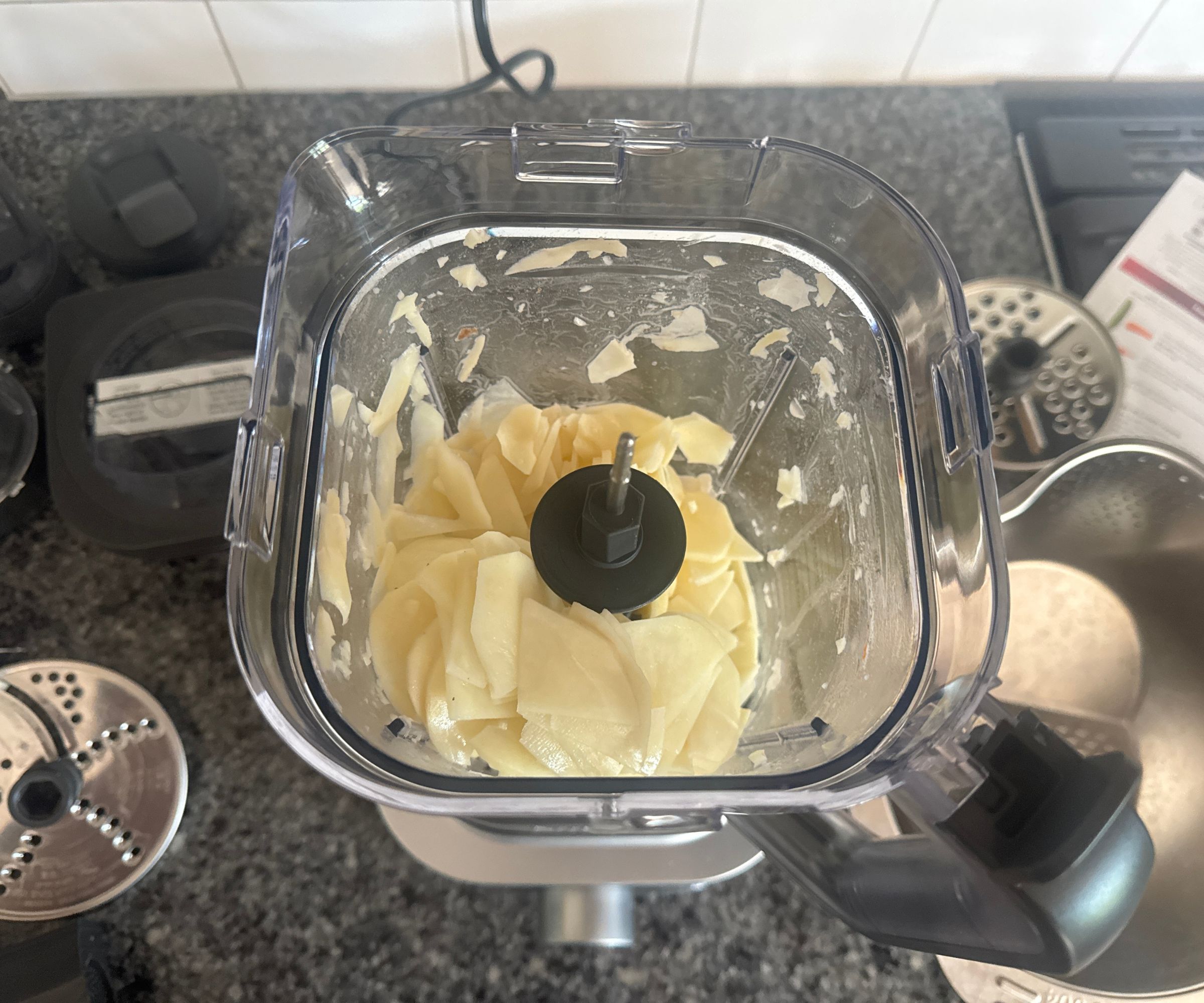 Sliced potato viewed from above in the pitcher of the Ninja Foodi Power Blender Ultimate System