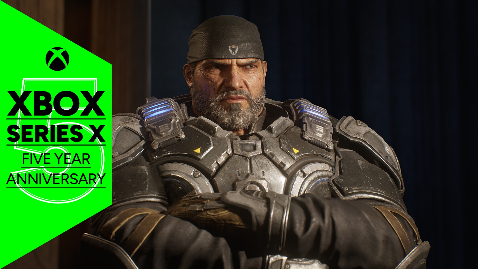 A soldier standing in heavy armor with his arms crossed in Gears 5