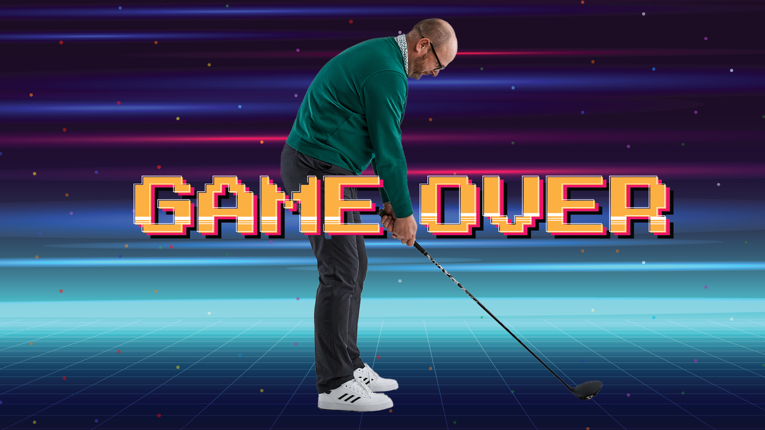 Top 50 Coach Russell Covey demonstrating a common posture mistake that kills golfer's ability to achieve a centred strike, with retro gaming text reading 'game over' layered over the top
