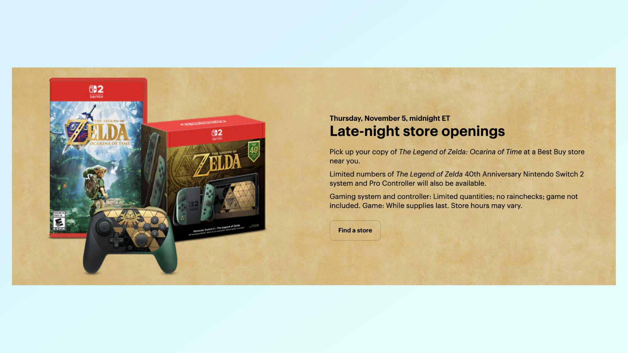 Best Buy listing page with information on it's in-store restock of the Zelda Switch 2