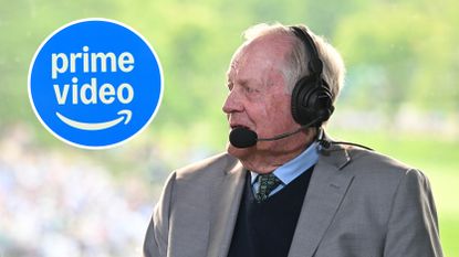 Main image of Jack Nicklaus speaking during a live CBS broadcast and an inset image of the Amazon Prime Video logo (top left)