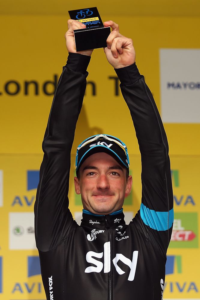Elia Viviani on the stage 8 podium at the Tour of Britain.